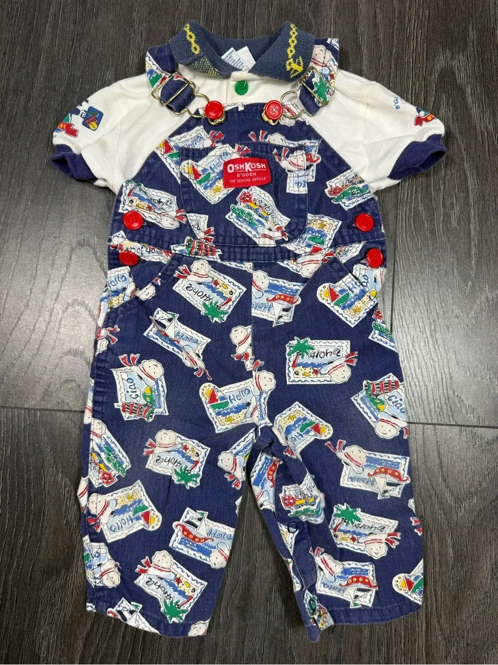Vintage OshKosh B'gosh Navy Travel Stamp Printed Overalls